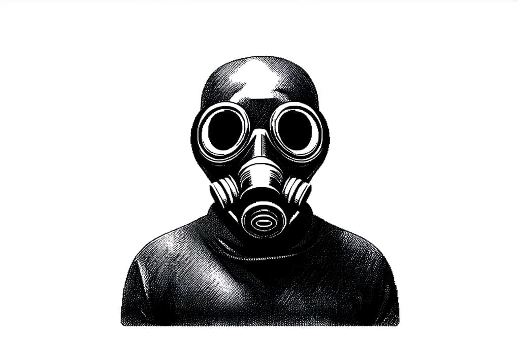  contour, very simple image in one unbroken black ink line, single line of stalker in gasmask, radiation sign behind him, engraving illustration, icon isolated on white background ar 3:2 using a single continuous black line ink brushon white background, drawing should be created without lifting the pen, recognizable features of stalker in gasmask, radiation sign behind him, engraving illustration, icon isolated on white background ar 3:2 in one unbroken line