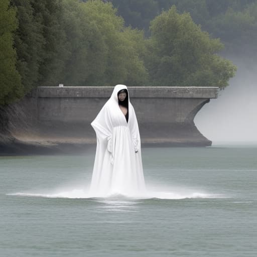  la llorona est une femme mystérieuse, enveloppée dans une longue robe blanche flottante. son visage est entièrement couvert d'un voile, cachant ses traits. elle se déplace lentement, ses bras levés dans un geste d'angoisse. sa silhouette semble légère et éthérée, presque irréelle, disparaissant parfois dans l'air comme de la brume.