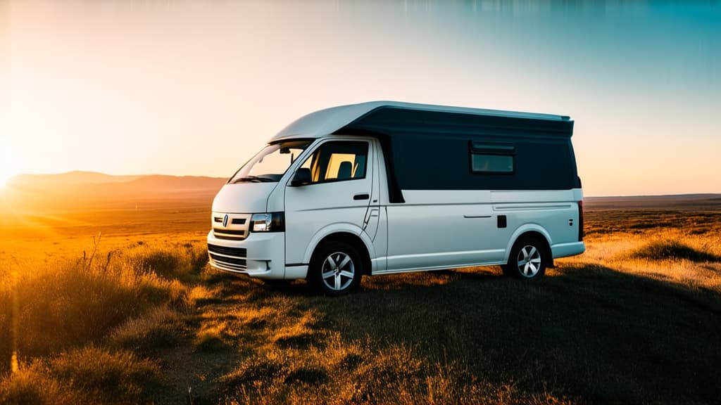  professional detailed photography, a white camper van parked in a scenic landscape during sunset. this image represents travel, freedom, and the beauty of nature ar 16:9, (muted colors, dim colors, soothing tones), (vsco:0.3)