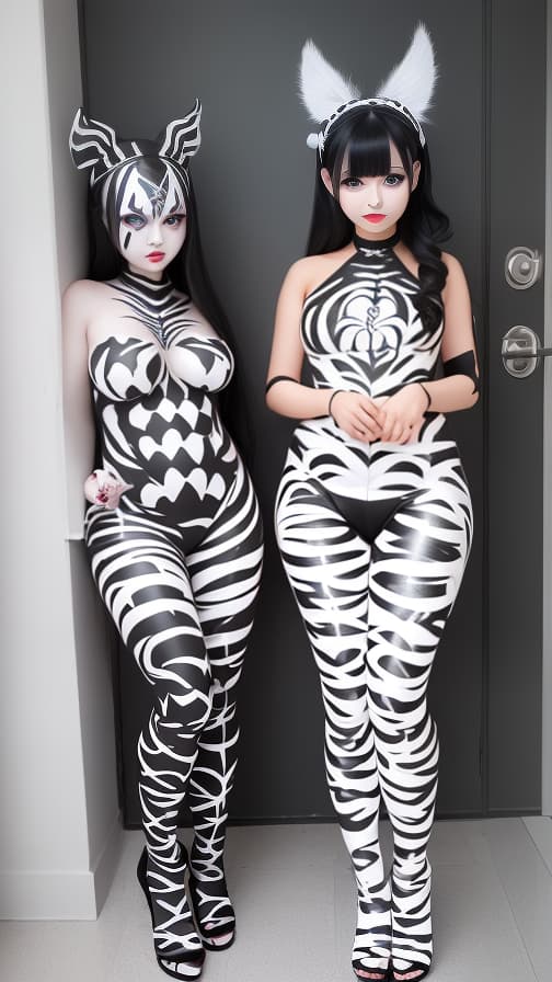  Black and White Spider-patterned body paint in every corner of the whole body, full-body, silver body paint, White face paint on the face,Two Dark elfs 女の子