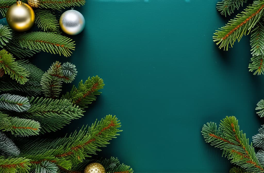  professional detailed photography, new year vertical dark turquoise background with gold and silver balls on fir branches with space for text ar 3:2, (muted colors, dim colors, soothing tones), (vsco:0.3)