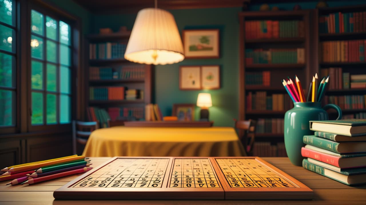  a close up of a beautifully crafted wooden sudoku board, with intricate patterns. surrounding it are colorful pencils and erasers, set against a softly lit, cozy room filled with books and a steaming cup of tea. hyperrealistic, full body, detailed clothing, highly detailed, cinematic lighting, stunningly beautiful, intricate, sharp focus, f/1. 8, 85mm, (centered image composition), (professionally color graded), ((bright soft diffused light)), volumetric fog, trending on instagram, trending on tumblr, HDR 4K, 8K