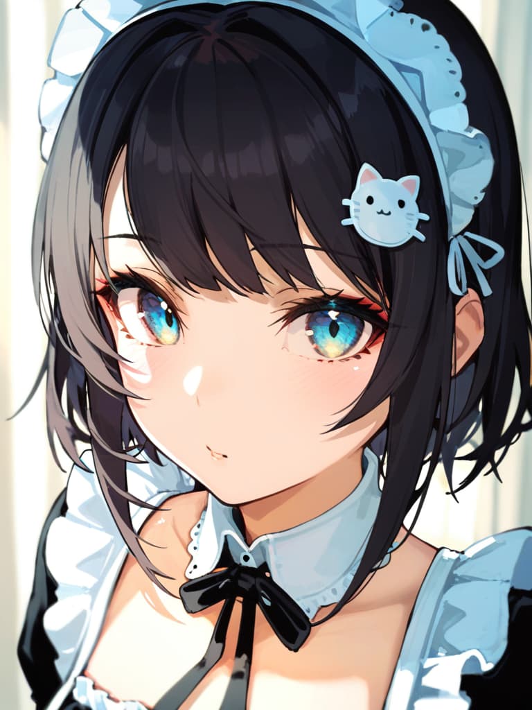  ultra detailed:1.2,masterpiece:1.2,best quality,masterpiece,bestquality,hdr:1.1,8k:1.1,very cute girl:1.3,((black hair ,middle hair:1.3))(forehead,hair pin:1.4),sitting chair:1.3,seductive smile:1.4,(cat eyes:1.4)(frill maid,maid headdress:1.4)((オカメインコ:1.9))(upper body,face focus:1.3)(dutch angle:1.1)