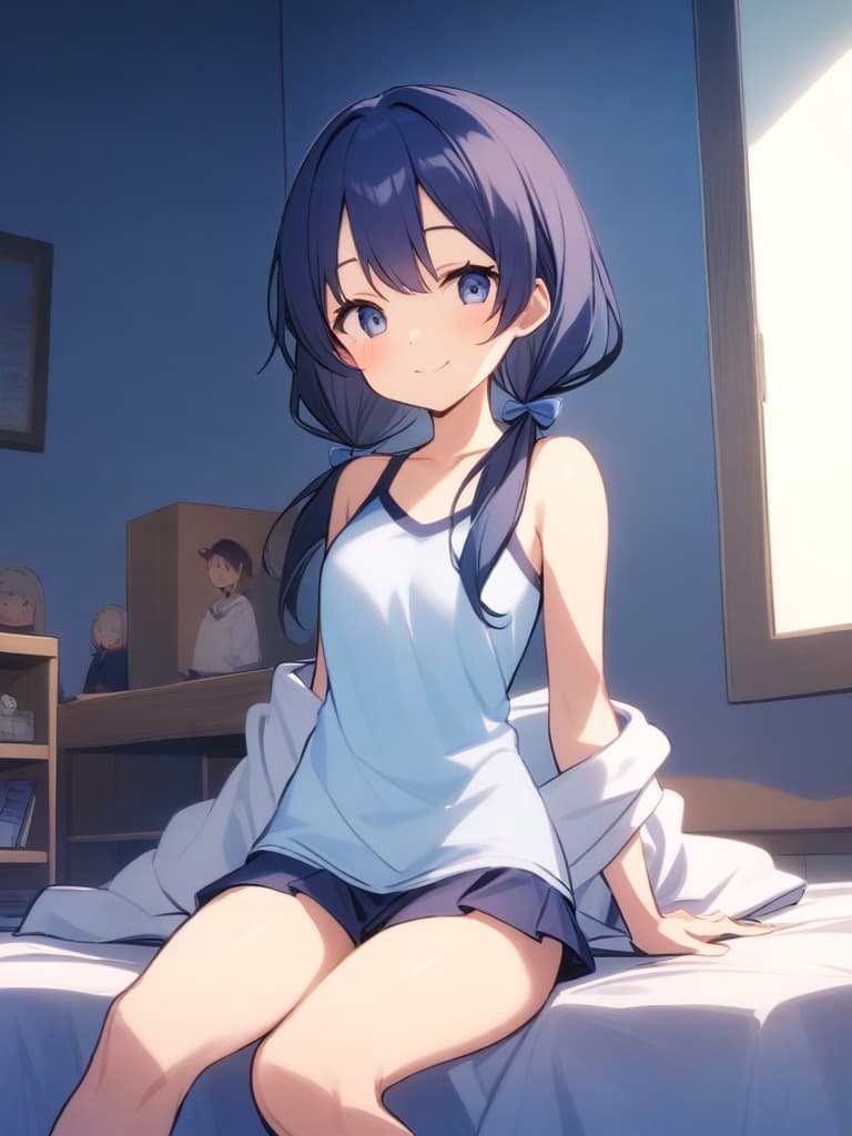  women's elementary students, twin tails, cute smiles, big s, old swimwear (dark blue, ), clear man (, chinchin), girl's room,