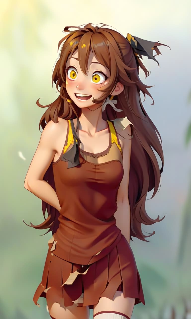  torn clothes, joyful look, yellow eyes, brown hair, brown ears, underwear