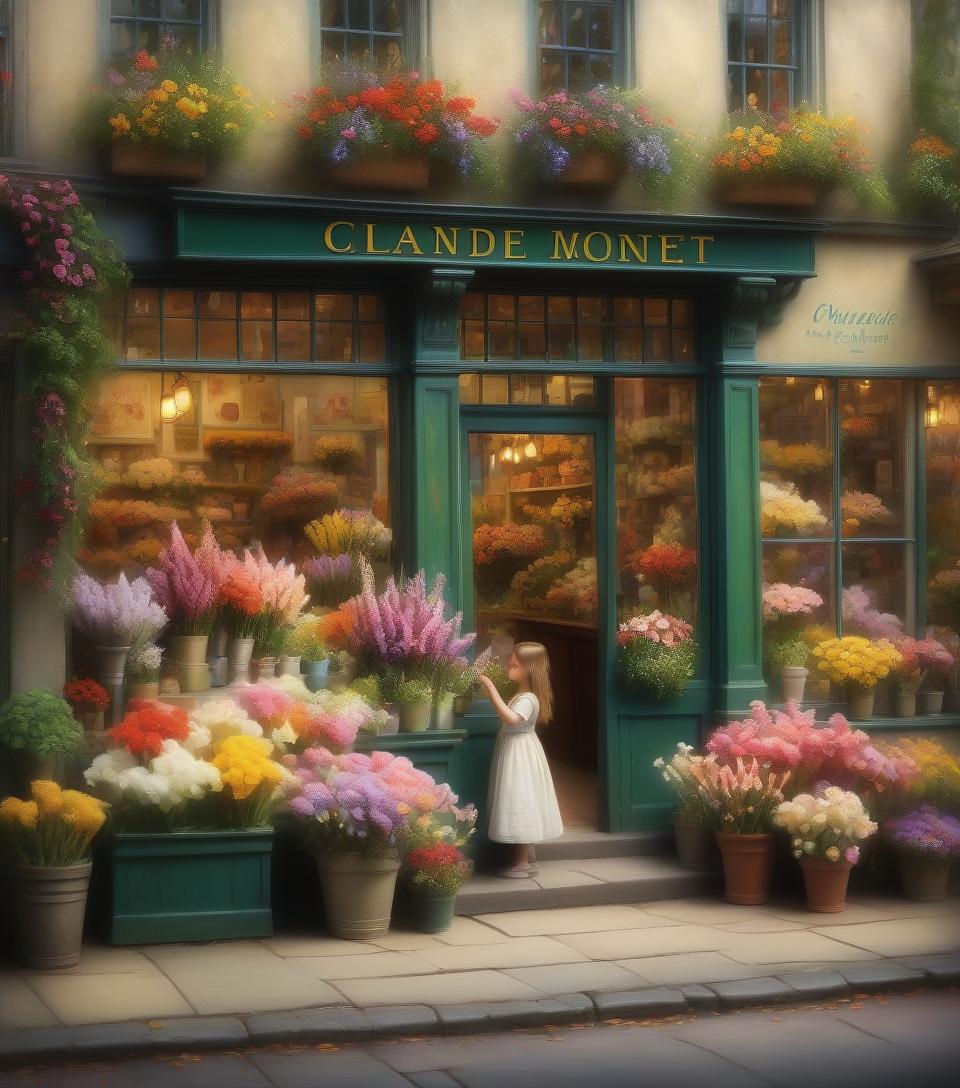  tilt shift photo of realistic oil painting, a masterpiece. a charming old english flower shop with intricate details of flowers and plants in the window. a lovely flower girl stands in the doorway, inviting customers to enter with a warm smile. a sign on the store with the inscription "flowers". the lighting is soft and natural, emphasizing the bright colors of the flora. the painting captures the entire scene, creating the feeling that you are present there in person. this piece is sure to take you to a serene world filled with beautiful flowers and pleasant people. in the style of claude monet and thomas moran. . selective focus, miniature effect, blurred background, highly detailed, vibrant, perspective control