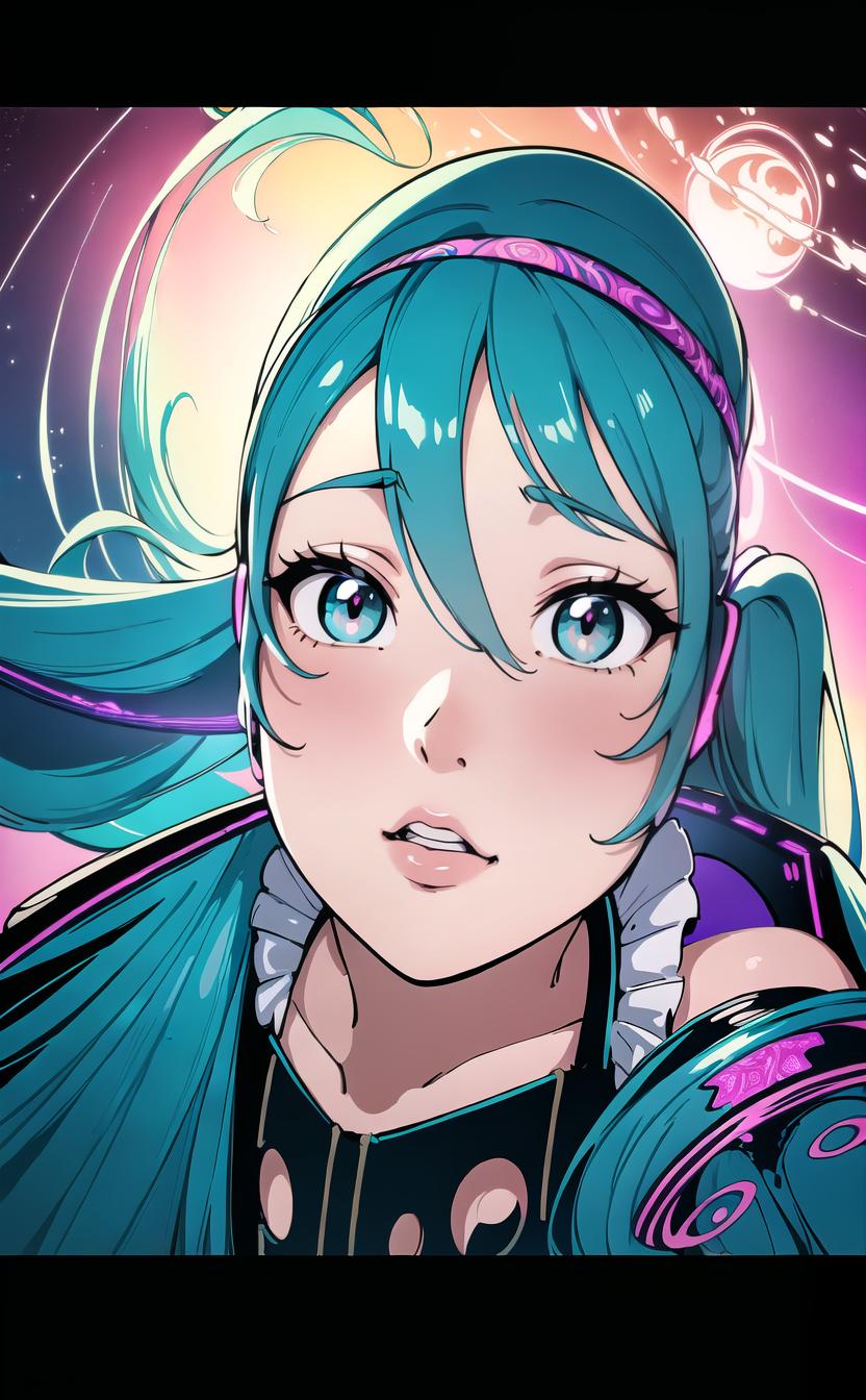  (masterpiece, best quality, highres:1.2), (intricate and beautiful:1.2), (detailed light:1.2), (colorful, dynamic angle), upper body shot, fashion photography of cute, intense long hair, (hatsune miku), dancing pose, flirting with pov, dynamic pose, soft moonlight passing through hair, (abstract colorful art background:1.3), (official art), (cinematic)