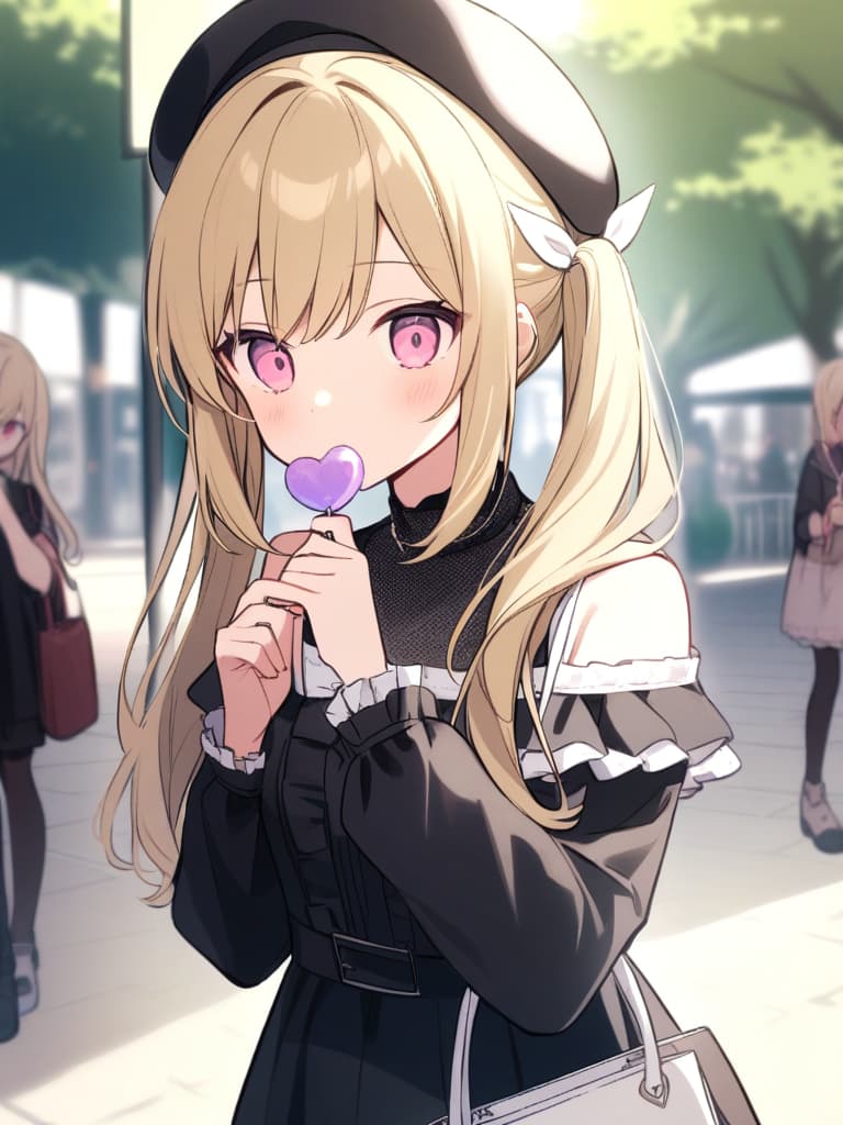  ((pink eyes,blonde hair,cute,holding candy,holding stick candy,long hair,half pigtails,half twins,black beret,beret with white ribbon decoration,girly outfit,black blouse,white ribbon,off shoulder,cute,carrying handbag))