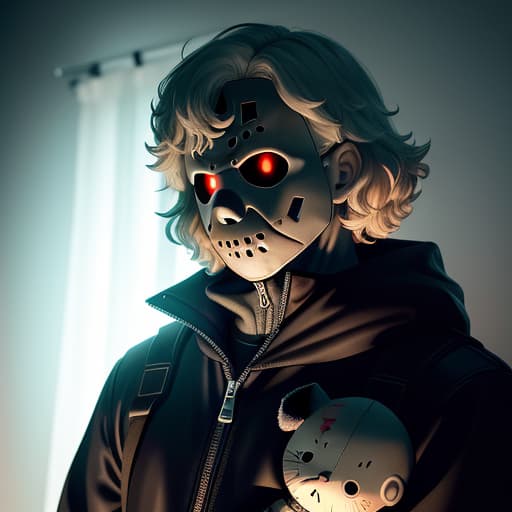   sized Jason Voorhees figure holding a doll who is also dressed like Jason Voorhees , ultra detailed, hyper focus, high res, unreal engine, masterpiece, horror theme, background s crib, , hyperrealistic, high quality, highly detailed, perfect lighting, intricate, sharp focus, f/1. 8, 85mm, (centered image composition), (professionally color graded), ((bright soft diffused light)), trending on instagram, HDR 4K, 8K