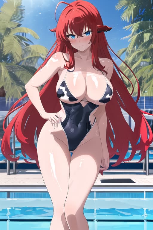  swim suit,,blushing,g cup,,masterpiece, best quality, 1women, long red hair, looking at viewer, :3, cute, black uniform, outdoors, streets, cow shot, curvy, (((blue eyes))), rias gremory, red hair, antenna hair, wavy hair, ((beautiful detailed eyes, beautiful detailed glow, lots of glow)), anime screencap,women at pool, compeion , black , masterpiece, best quality, high quality, solo