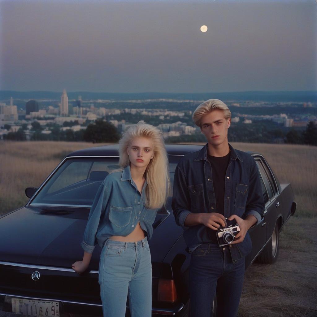  analog film photo a platinum blonde girl takes pictures on a polaroid in a black shirt and stands next to a blonde guy in a denim shirt, standing by a black car, a view from a hill, in the background the city, the time of dusk, a full light moon, the style of the 80 90s. . faded film, desaturated, 35mm photo, grainy, vignette, vintage, kodachrome, lomography, stained, highly detailed, found footage