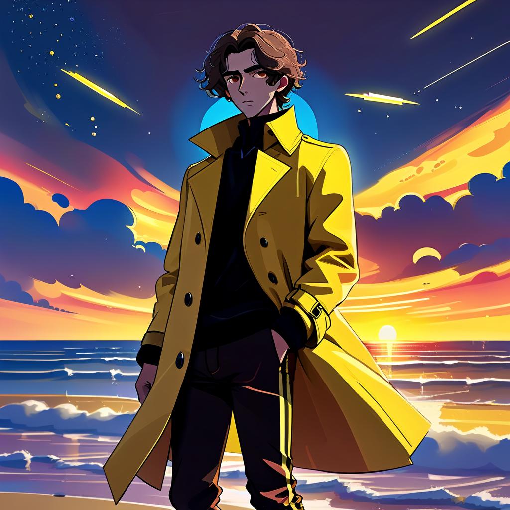  futuristic style a young man stands alone on the beach. he has long dark brown hair, which flies slightly in the breeze. his face, with pronounced jewish and slavic features, radiates lively energy. brown eyes are full of deep emotions, as if reflecting the vast expanses of the ocean. he wears a bright yellow coat that seems to shine, catching the eye and contrasting with the soft shades of the sunset. under his coat he wears a black shirt and black pants are decorated with yellow elements, creating a stylish and dynamic look. the sunset with the night sky with bright blue, blue and yellow stars, and the outgoing red sun rays fall on the terrain in bright red stripes contrasting with the oncoming night. the image uses such colors and shades