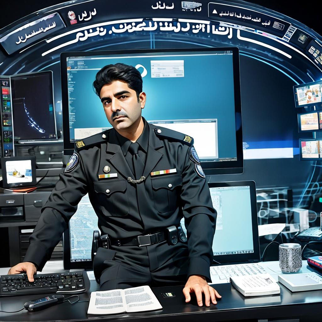  an iranian police officer sitting behind a computer desk front view with cyber background, award winning, professional, highly detailed, masterpiece