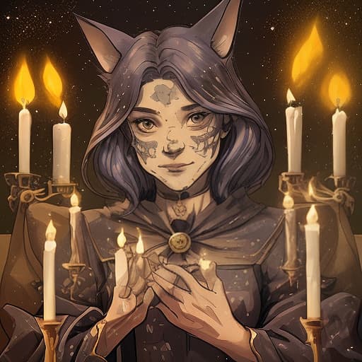  wise cat guesses on tarot face, stars, candles, mystery, magic