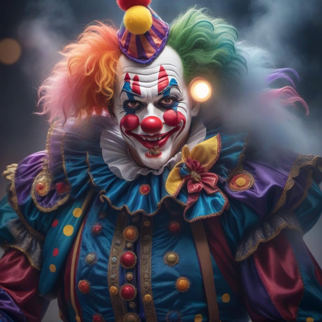  happy clown. high detail. hyperrealistic, full body, detailed clothing, highly detailed, cinematic lighting, stunningly beautiful, intricate, sharp focus, f/1. 8, 85mm, (centered image composition), (professionally color graded), ((bright soft diffused light)), volumetric fog, trending on instagram, trending on tumblr, HDR 4K, 8K