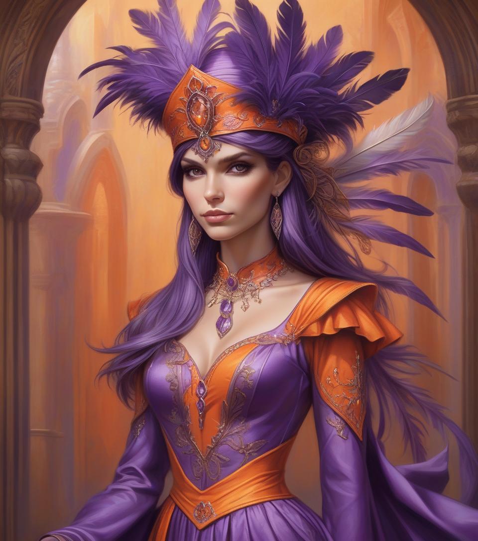  a woman wearing a purple and orange hat and dress with feathers on it's head and a purple dress with orange trim, anne stokes, fantasy art, orange, a detailed painting