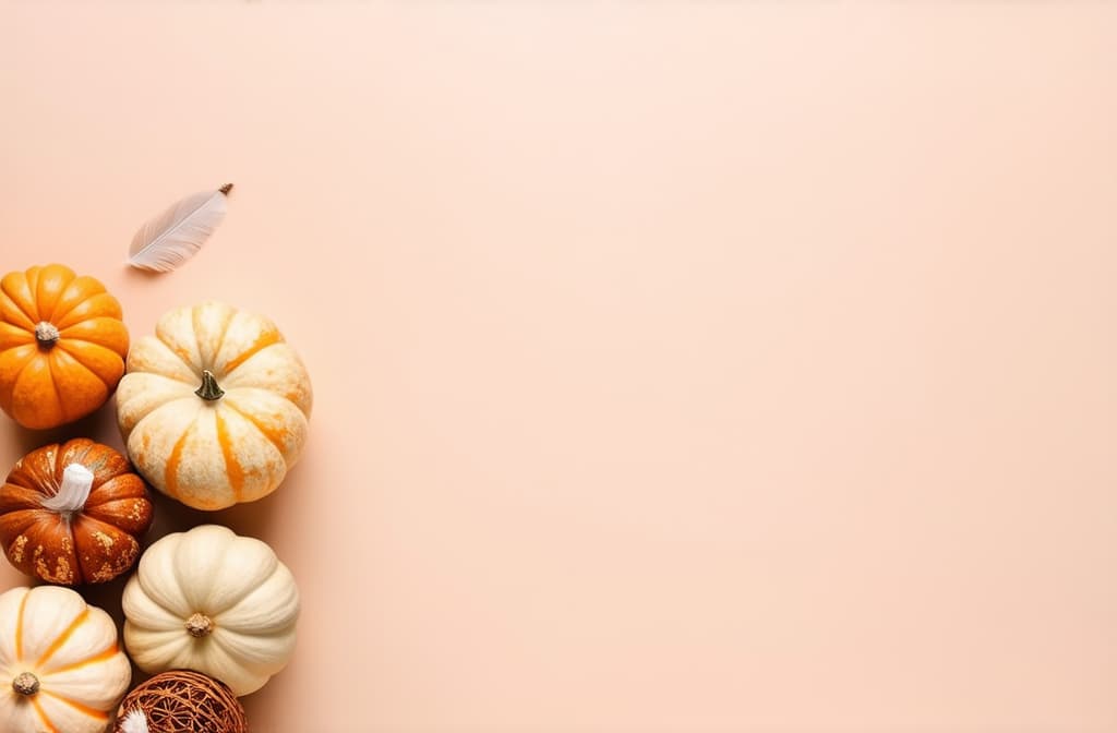  professional detailed photography, a collection of minimalistic beige and brown pumpkins arranged on a pastel background, complemented by feather decorations, creating a serene fall aesthetic with ample copy space ar 3:2, (muted colors, dim colors, soothing tones), (vsco:0.3)