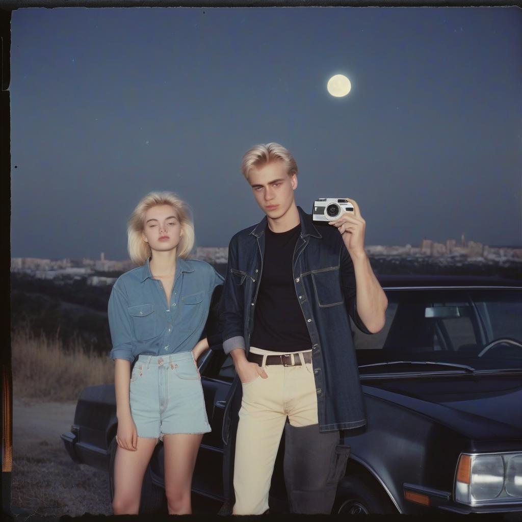  analog film photo a platinum blonde girl takes pictures on a polaroid in a black shirt and stands next to a blonde guy in a denim shirt, standing by a black car, a view from a hill, in the background the city, the time of dusk, a full light moon, the style of the 80 90s. . faded film, desaturated, 35mm photo, grainy, vignette, vintage, kodachrome, lomography, stained, highly detailed, found footage