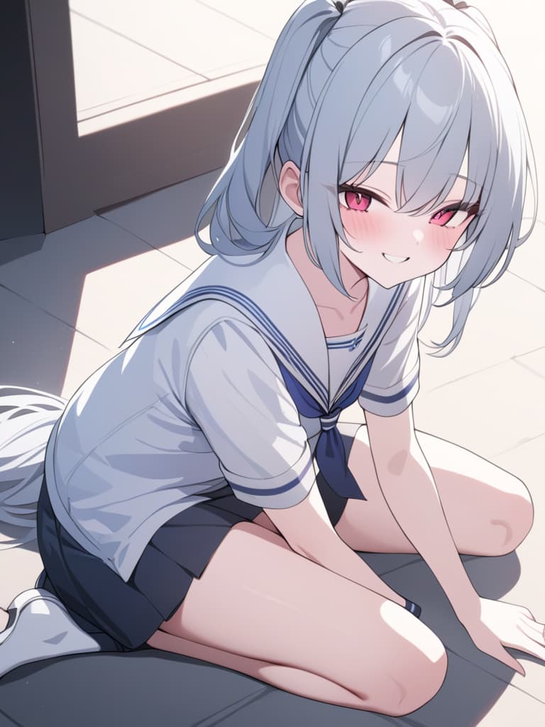  illness, twin tail, sailor suit, menhera, yandere, sitting on the ground, smile, masterpiece, best quality,8k,ultra detailed,high resolution,an extremely delicate and beautiful,hyper detail