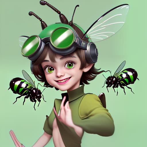  cute cartoon insect beetle character with a green body, big expressive eyes and a smile on his lips. on his head he has a huge brown helmet with goggles, giving him an adventurous look. the insect beetle stands confidently holding a blaster, he has graceful wings and long tendrils. the background is simple and bright inside the starship to emphasize the charm of the funny character with the weapon.