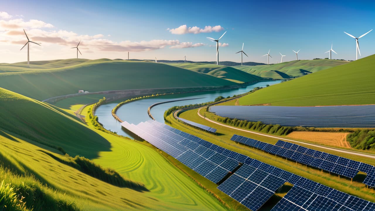  a vibrant landscape featuring solar panels glistening in the sun, wind turbines gracefully turning on rolling hills, and a serene hydroelectric dam beside a flowing river, all under a clear blue sky. hyperrealistic, full body, detailed clothing, highly detailed, cinematic lighting, stunningly beautiful, intricate, sharp focus, f/1. 8, 85mm, (centered image composition), (professionally color graded), ((bright soft diffused light)), volumetric fog, trending on instagram, trending on tumblr, HDR 4K, 8K