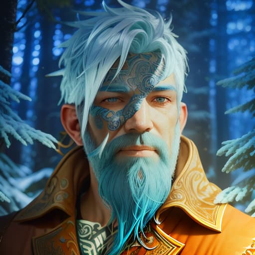  male genasi of water with pale blue hairs, pale blue beard and monocular on eye, Overland fantasy woodland map, such as a map, a font that is modern and easy to read hyperrealistic, full body, detailed clothing, highly detailed, cinematic lighting, stunningly beautiful, intricate, sharp focus, f/1. 8, 85mm, (centered image composition), (professionally color graded), ((bright soft diffused light)), volumetric fog, trending on instagram, trending on tumblr, HDR 4K, 8K