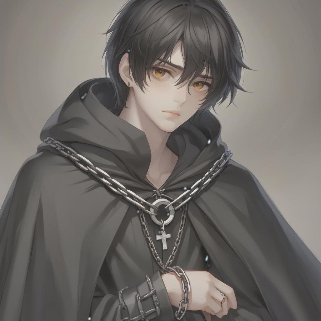  a black haired guy about 17. in a black cloak on an iron chain clasp. pale face. brown eyes.