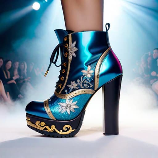  Create a photorealistic digital illustration of a women’s winter shoe with balanced parts, ornate soles, mid height platform heel, and covered in soft, luxurious textured materials. The art style should blend elements of Irregular Choice, Buffalo London, Naoko Takeuchi and Osamu Tezuka hyperrealistic, full body, detailed clothing, highly detailed, cinematic lighting, stunningly beautiful, intricate, sharp focus, f/1. 8, 85mm, (centered image composition), (professionally color graded), ((bright soft diffused light)), volumetric fog, trending on instagram, trending on tumblr, HDR 4K, 8K