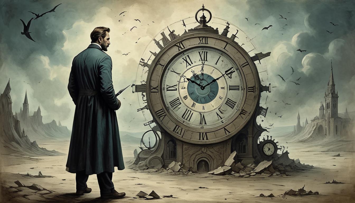  on parchment, surrealism+++, figure standing before broken clock, time symbolizing lost chances, deep sorrow and regret, futile feel, imposing atmosphere, sense of inevitability, presence of transcendence(mysterious, provocative, symbolic,muted color)+++