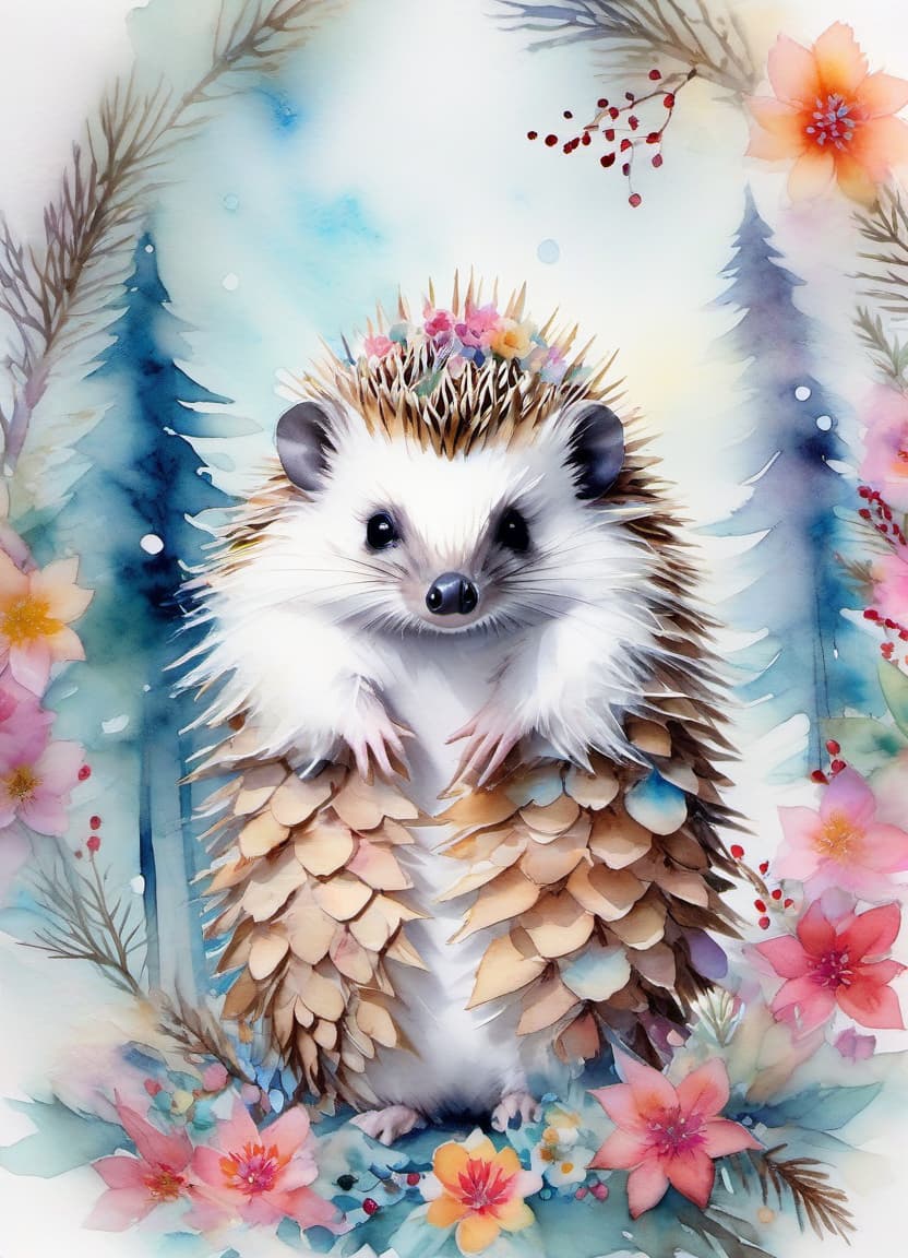  fairy tale christmas trees with cones, hedgehog in a kimono, (double exposure: 1.4). (soft textured paper). alcohol ink of (bright) flowers. the incompleteness effect. tenderness of watercolors, winter, delicate colors. thin white lines. emotion. light relief pattern. . magical, fantastical, enchanting, storybook style, highly detailed