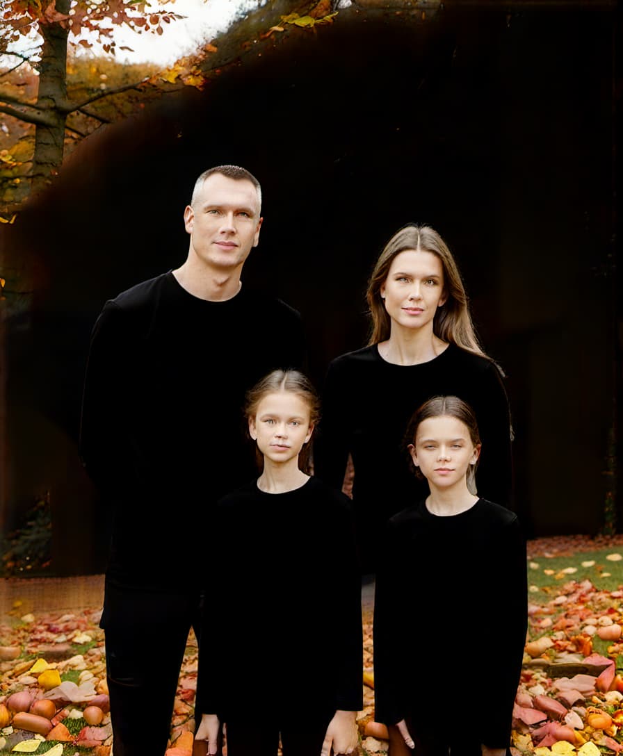  family photo shoot in autumn in black t shirts, high detail, high quality, realism, film photography style