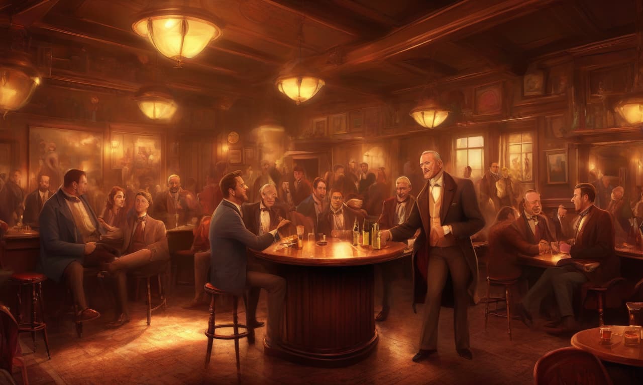  concept art a noisy pub of the 20th century, close up of rich people having fun. the interior of the room is expensive and rich . digital artwork, illustrative, painterly, matte painting, highly detailed, on parchment