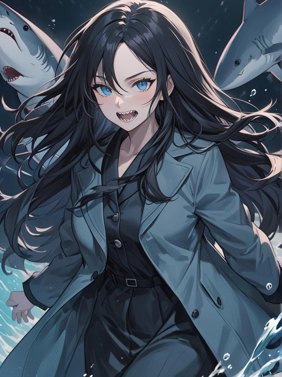  manga artwork a woman with large sharp teeth. shark teeth. light blue eyes. it has long black hair that flows freely, giving it a mysterious and imposing air. he wears a long black coat with wavy edges, which appear to be in constant motion, adding a sense of dynamism to his appearance. the coat is open at the front, revealing a fitted black outfit underneath, which highlights her slender and athletic figure. her pose is confident and slightly dynamic, with one hand extended outwards, as if reaching for something or making a meaningful gesture. the background is a solid black, with an aura like circle framing the character's head, enhancing his silhouette and giving him an almost otherworldly look. hyper realistic atmospheres, detail, 8k. m