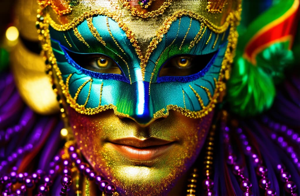  a bright festive demonstration of mardi gras masks and beads ar 3:2, (natural skin texture), highly detailed face, depth of field, hyperrealism, soft light, muted colors