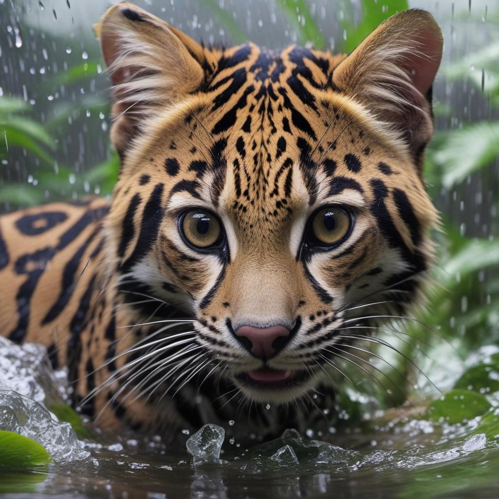  make a video of a ocelot swimming in the amazon rain forest, profile image style