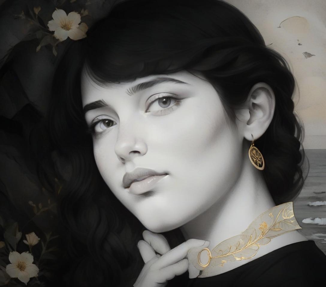  the face of the girl in an oval frame with gold drawings on the oval of three half arcs, in the frame of oval flowers on the frame, the portrait of the girl is made in delicate yellow and gray tones, watercolor, in the background the sea and rocks, a blurred background., on parchment