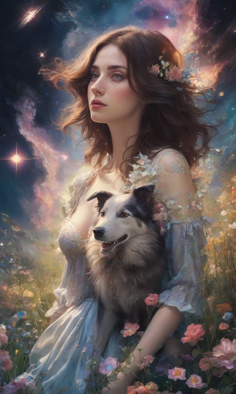  space themed digital art (double exposition: 1.3) girl with a dog border collie friends, around flowers, grass, blue sea. the girl looks directly at the camera. long brown hair, brown eyes, dressed in a beautiful dress. the effect of magic, mysticism, fairy tales, surrounded by fantasy art, arabesque, glitter, surge of fantasy, unearthly light effects, an exciting palette of colors, extremely detailed, in high resolution 10k. surrealism, realism, fantasy, baroque, renaissance. imagination and skill. in the manner of julia dillon, van gogh, salvador dali, mickey asai, alphonse mucha, robert bateman, thomas kincaid, fragonard. . cosmic, celestial, stars, galaxies, nebulas, planets, science fiction, highly detailed