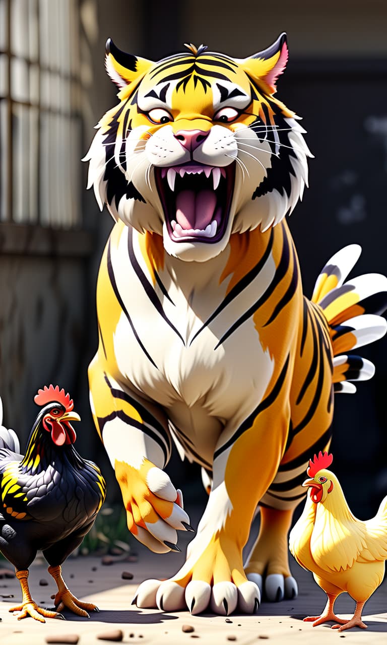  draw in one picture a growling tiger, a caring chicken with chickens and a sad dog