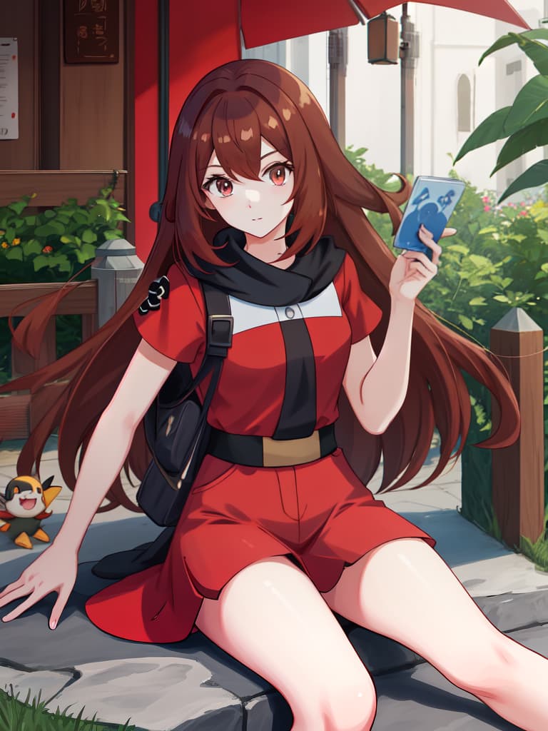  girls, red brown hair, shortcuts, in chans, girls who can talk with pokemon, cute, named named, quiet, masterpiece, best quality,8k,ultra detailed,high resolution,an extremely delicate and beautiful,hyper detail