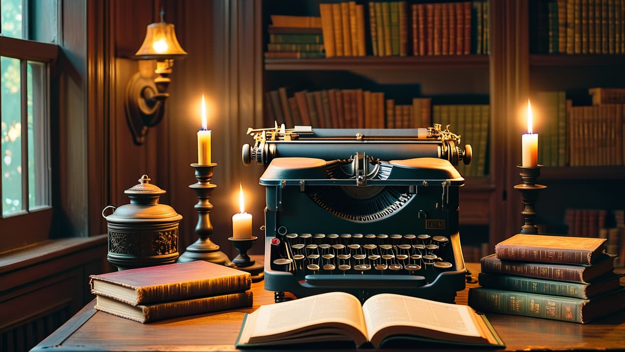  a vintage desk with an antique typewriter, dusty books on historical figures, a quill pen, and a lit candle casting warm light, surrounded by faded maps and manuscripts, evoking a sense of timeless literary craftsmanship. hyperrealistic, full body, detailed clothing, highly detailed, cinematic lighting, stunningly beautiful, intricate, sharp focus, f/1. 8, 85mm, (centered image composition), (professionally color graded), ((bright soft diffused light)), volumetric fog, trending on instagram, trending on tumblr, HDR 4K, 8K