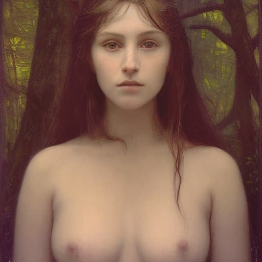 analog style Highly detailed moody dark Portrait of a breathtakingly lovely, wild Witchling nymph deep in the woods painted by John William Waterhouse andRembrandt. She has a beguiling face and is looking directly at the viewer. Her eyes are breathtakingly lovely, engaging and mysterious. She has long, wild, unkempt dark hair. Gorgeous, highly detailed , ornate composition using the golden ratio.