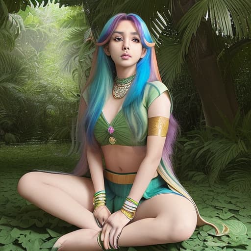  a 28age indian lady her hair rainbow color and she sitting in the circle it was covered by green leaves and her show sex positions