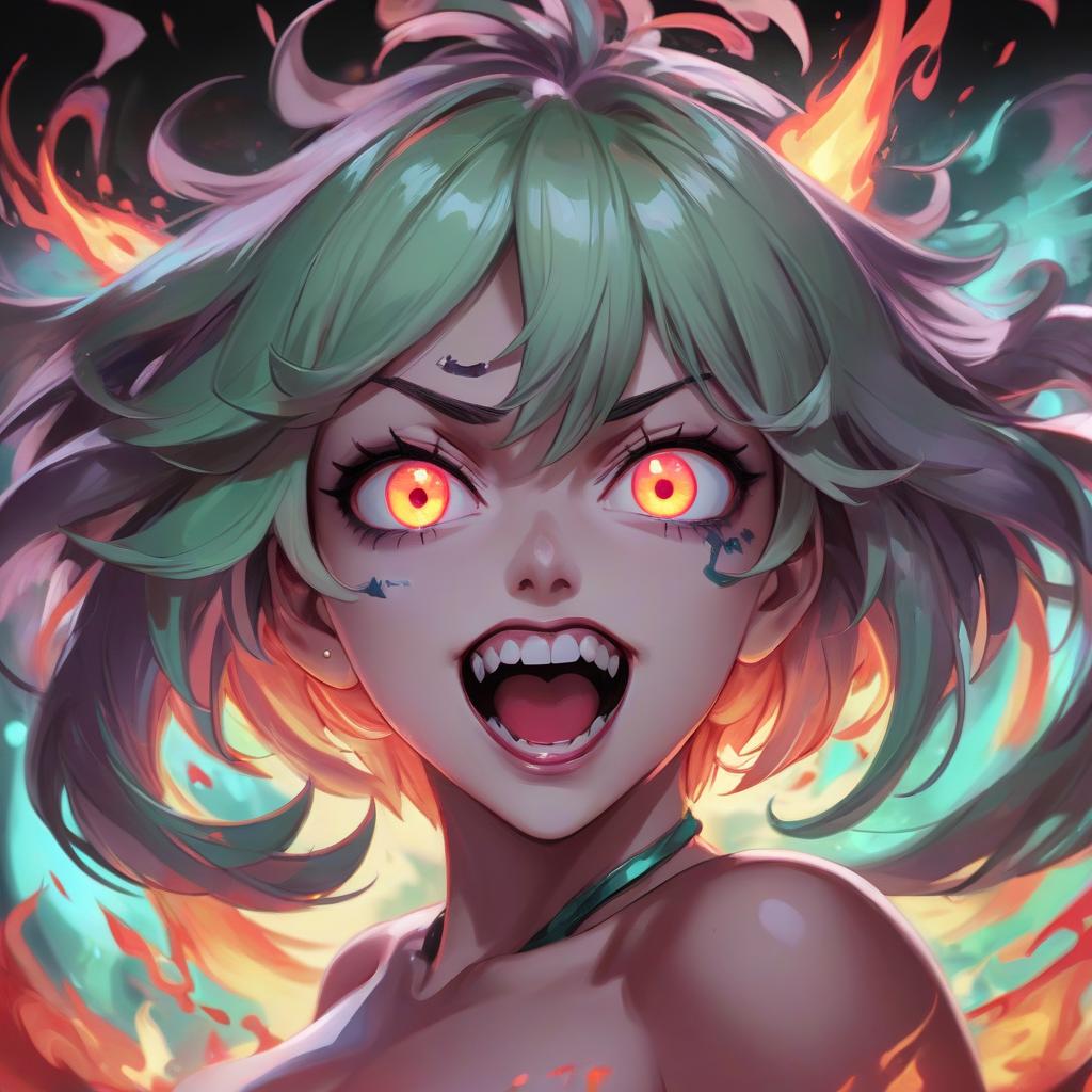  medium shot of demonic face with glowing eyes, rossdraws global illumination, evil eye expression, anime 2 0 1 9, anime key frame, tatsumaki, alias, author zhou zichang, epic comic art, joker portrait, angry gorgeous woman, evil madness laughter, colorful fire , glowing