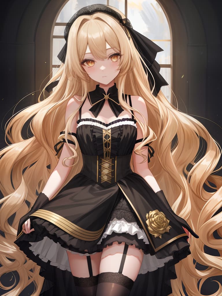  super long long hair, garter stocking, beautiful , camisole, gold eyes, hair wave hair, black, black, s, bet, masterpiece, best quality,8k,ultra detailed,high resolution,an extremely delicate and beautiful,hyper detail