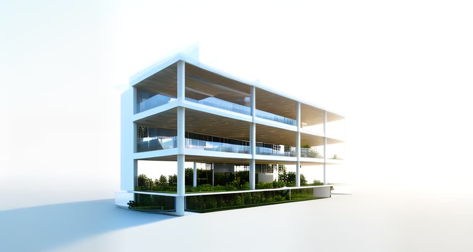 mdjrny-v4 style architecture, high quality, exterior perspective, 3 story rc building, large eaves on the ground floor as an entrance to welcome visitors, balcony with lush vegetation, modernist architecture, clear blue sky in the background, random facade