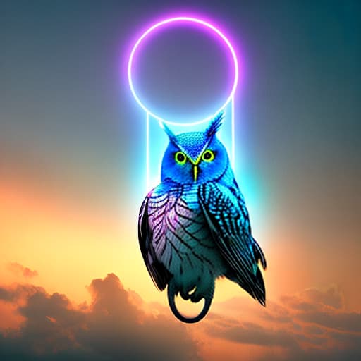 nvinkpunk A blue owl with a gold circle and the word owl on it. Apply the Following Styles 3Drenderer, Electrifying Art, Overlay Artaic, Anime hyperrealistic, full body, detailed clothing, highly detailed, cinematic lighting, stunningly beautiful, intricate, sharp focus, f/1. 8, 85mm, (centered image composition), (professionally color graded), ((bright soft diffused light)), volumetric fog, trending on instagram, trending on tumblr, HDR 4K, 8K