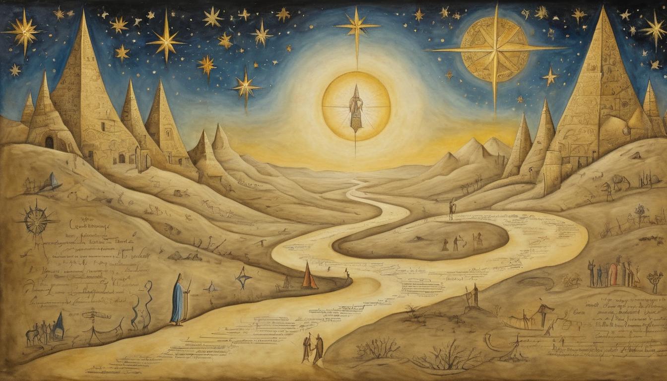  on parchment, surrealism++, golden footsteps, illuminated path, stars aligning overhead, celestial guidance, divine journey(mysterious, provocative, symbolic)++