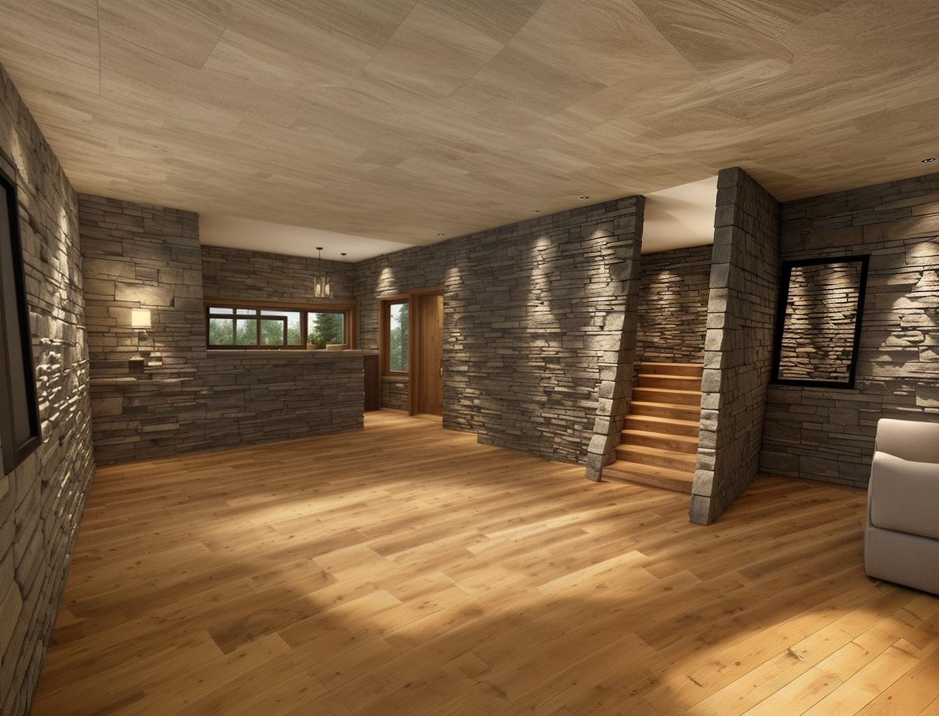  generate a photorealistic image of a living room with a stone accent wall and a wooden floor. the design should include a large window that allows natural light to highlight the texture of the stone wall, creating a balance between rustic and modern elements.