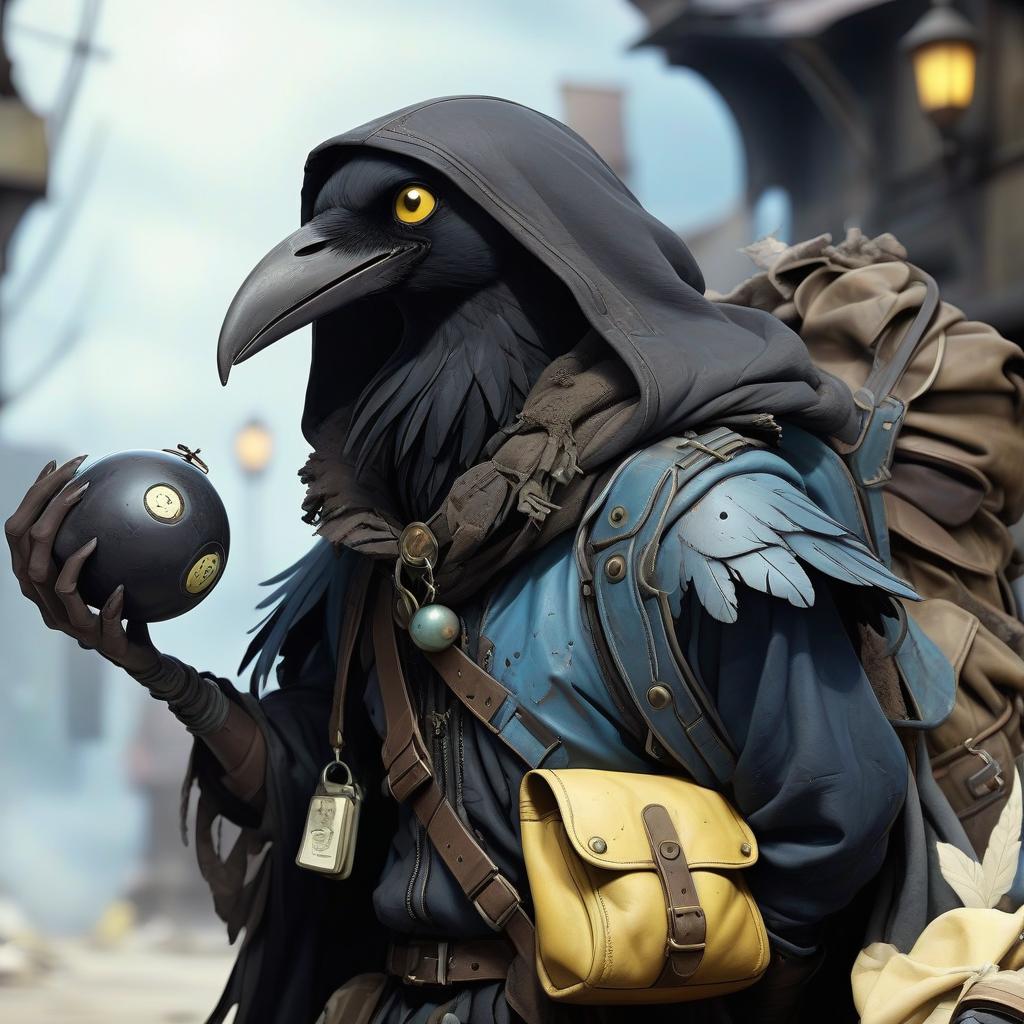  dystopian style black with blue tint avian humanoid race with raven head alchemist, cape, mischievous yellow eyes, smiling, rags and leather cloak with lots of pockets, big backpack with pockets, black bowling ball in hand . bleak, post apocalyptic, somber, dramatic, highly detailed, hkmagic