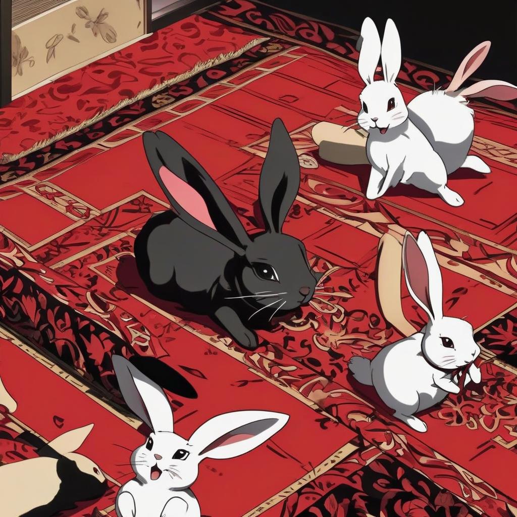  anime artwork patterned red black carpet cover rabbits . anime style, key visual, vibrant, studio anime, highly detailed